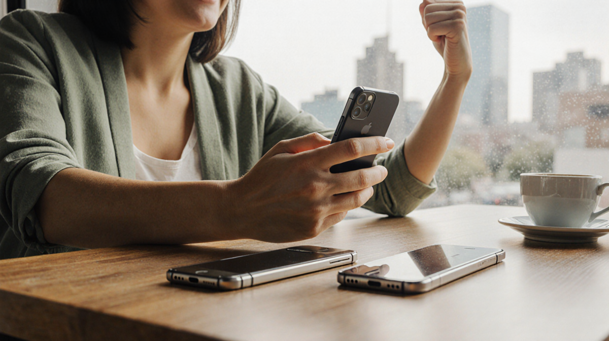 Person holding iPhone excitedly with coffee shop table showing old and new phones and soft cityscape light