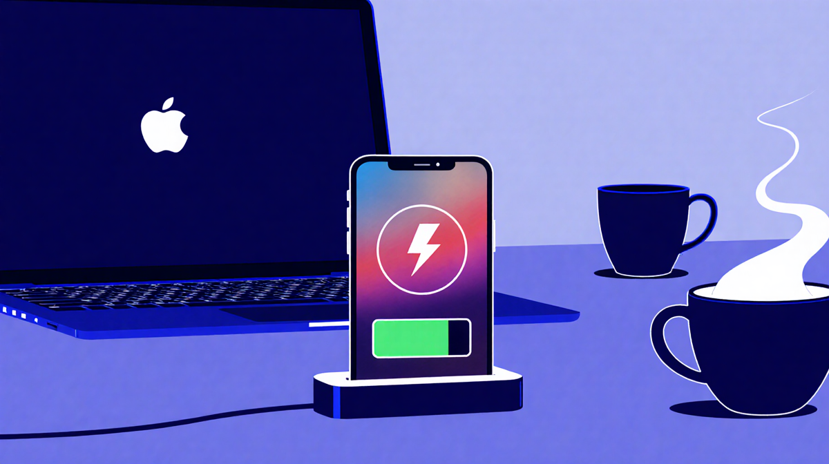 iPhone stops charging with 80% icon and subtle gradient and laptop behind