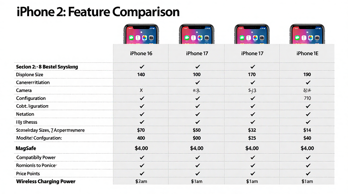 Table compares iPhone 16E iPhone 17 rumored iPhone 17E with display size camera configuration and price points.