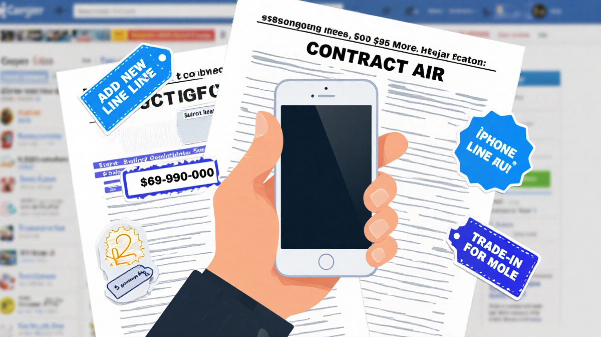Person holding new iPhone Air with carrier contract papers and trade-in stickers showing phone plan deals