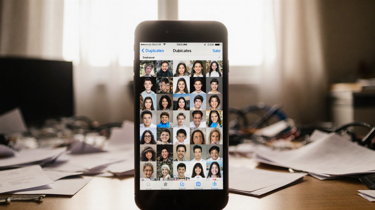 iPhone photos library shows duplicate images with messy desk and papers in background