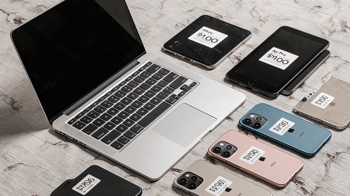 Sleek table shows laptop with price tags and vertically stacked iPhones of various colors.