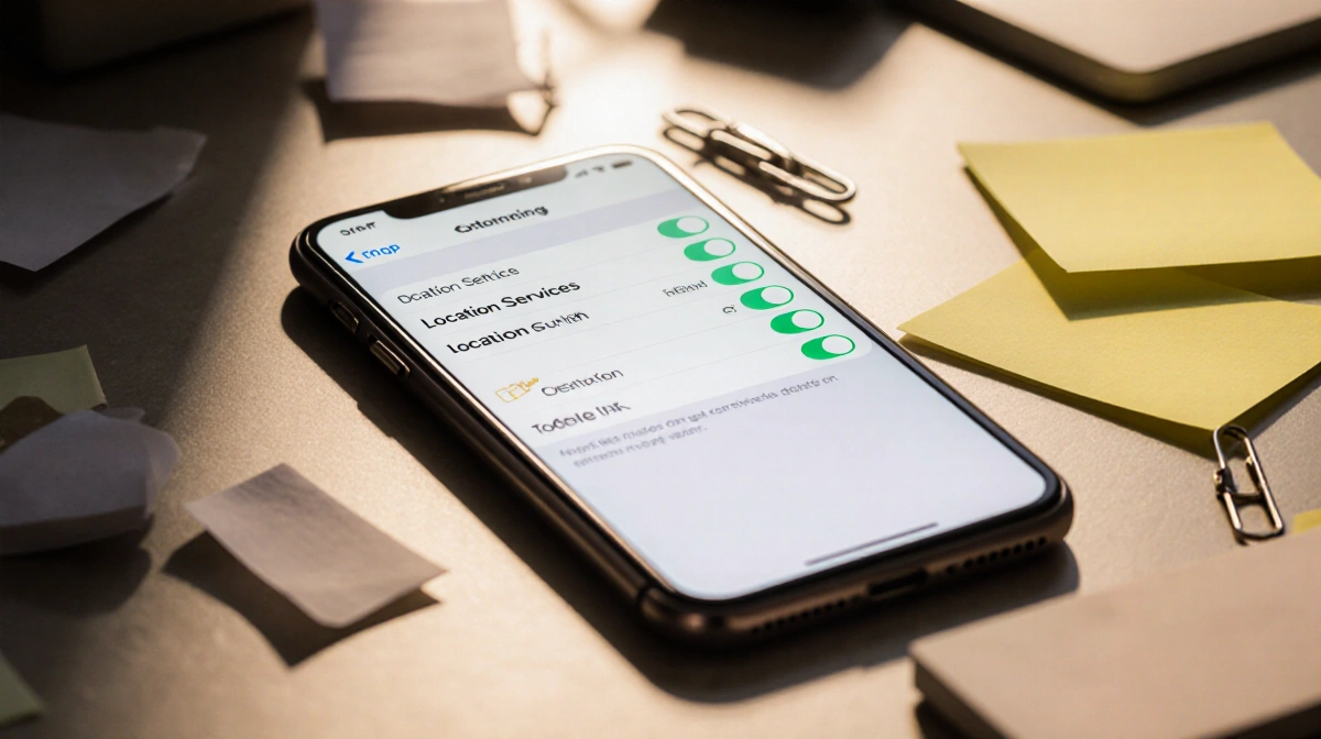 iPhone settings menu shows Location Services stuck on with paperclip and sticky notes on cluttered desk