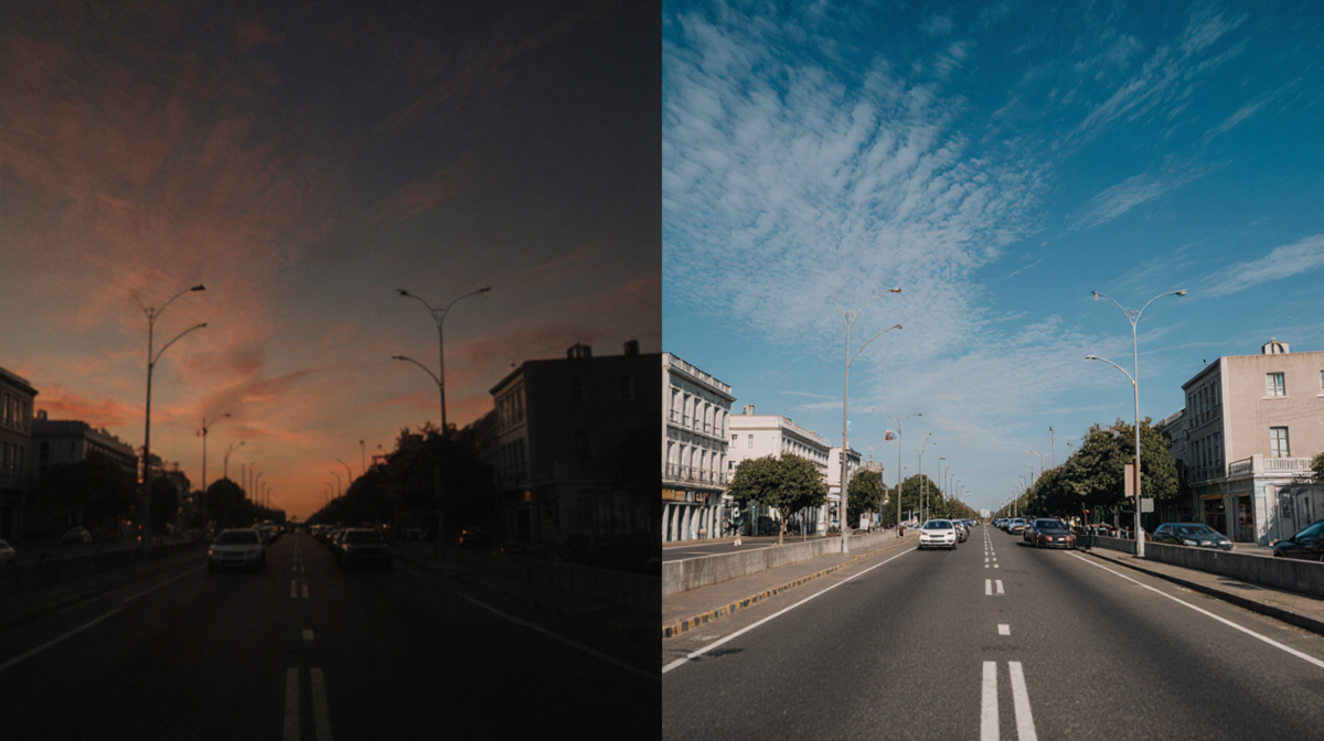 Side-by-side split screen shows two scenes with iPhone warm dark tones and Oppo bright cool tones