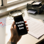 Person holding iPhone showing printing documents with a partially printed sheet and a finished PDF on a desk in warm daylight