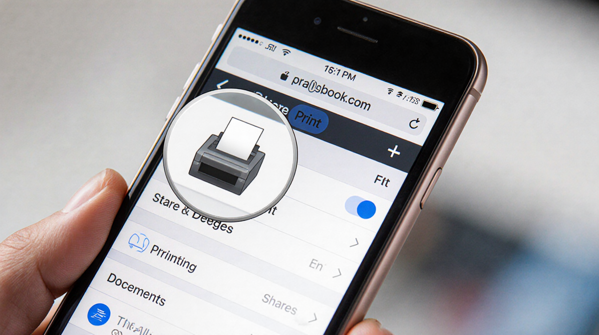 iPhone screen showing Safari with Share icon and printer option visible