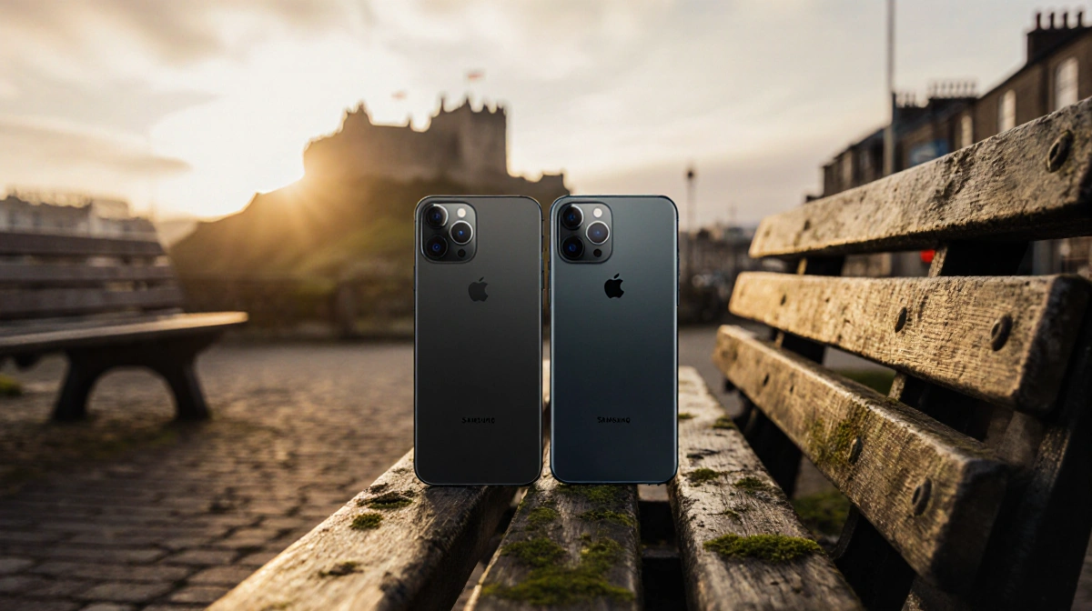 Two smartphones rest side by side on weathered wood with Edinburgh Castle rising behind at sunrise