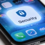 iPhone screen shows security update with lock icon and Settings badge glowing over blue gradient background