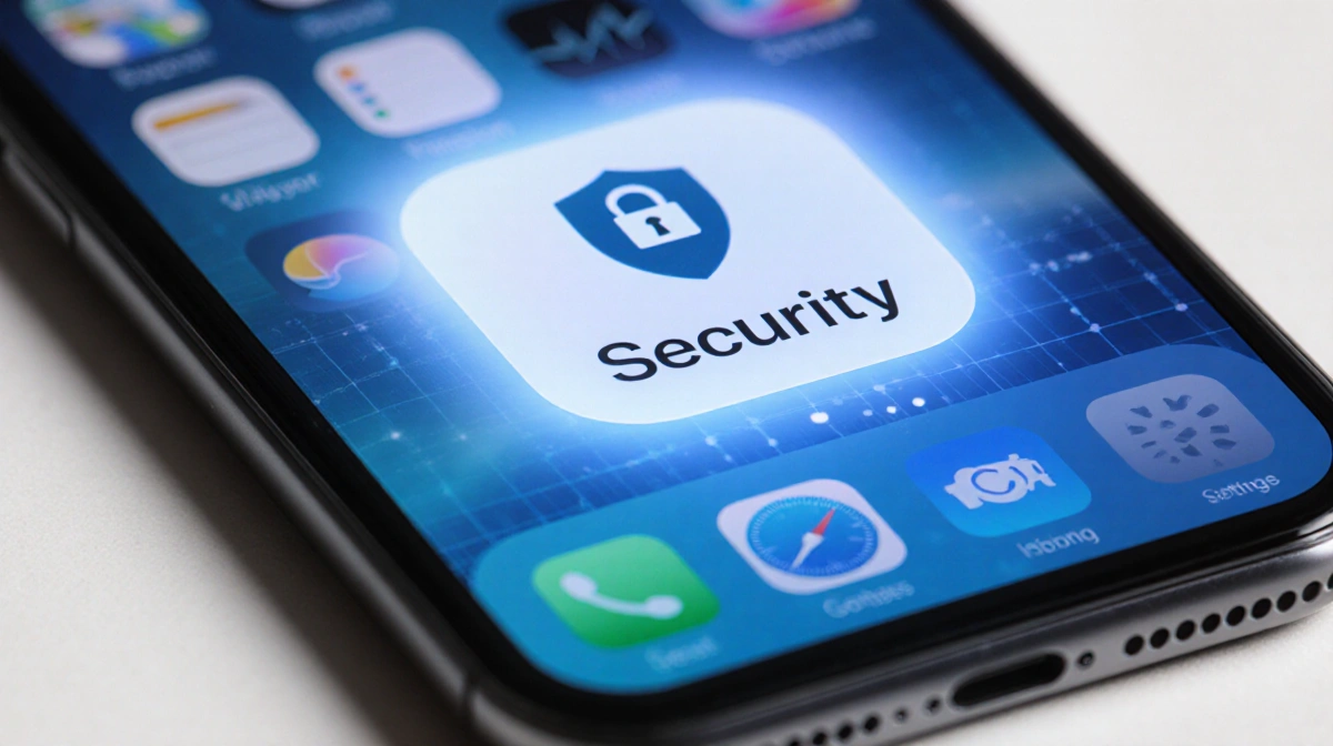 iPhone screen shows security update with lock icon and Settings badge glowing over blue gradient background