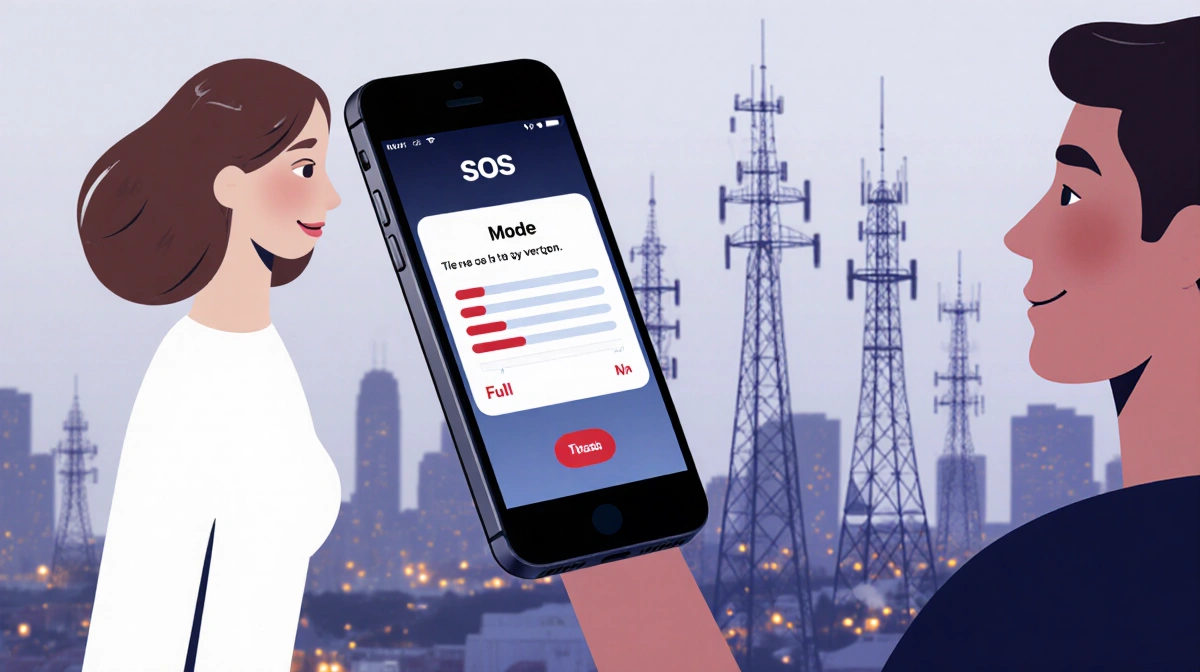 iPhone stuck in SOS mode with nearby phone showing full Verizon bars and city towers in background