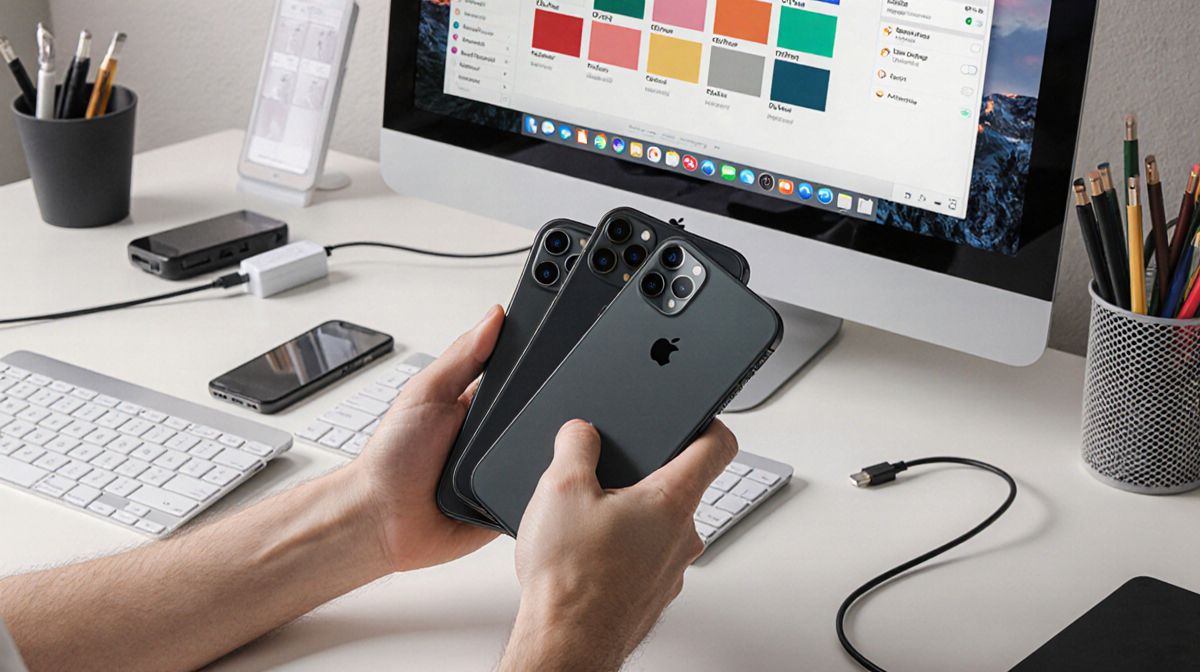 Arm holding iPhones with model labels on desk with color swatches and laptop cables for trade-in to computer.