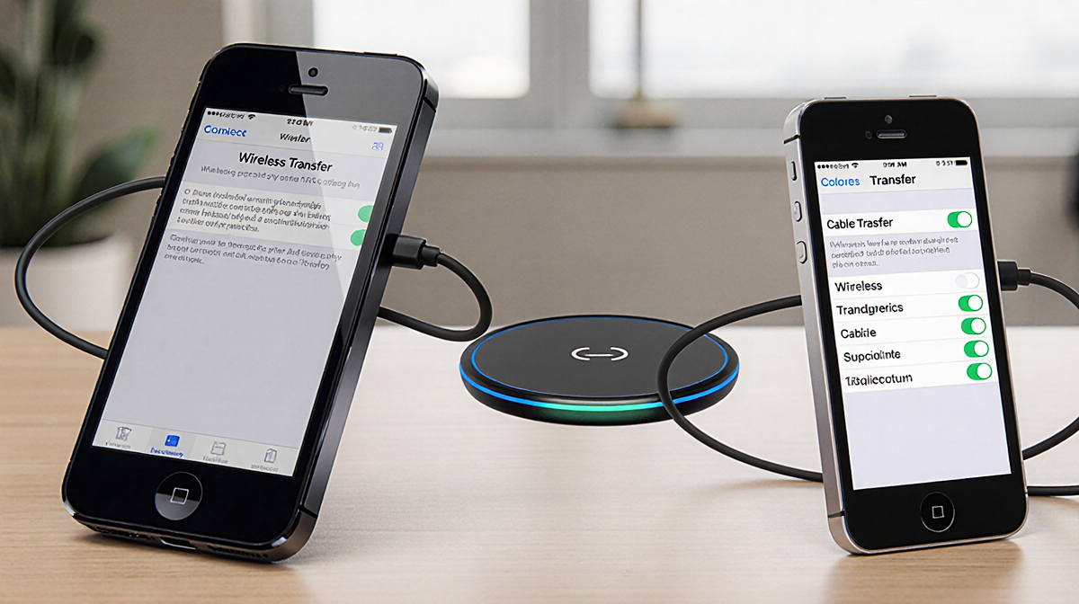 Two iPhones transferring data with cable and wireless pad side by side showing wireless and cable transfer options