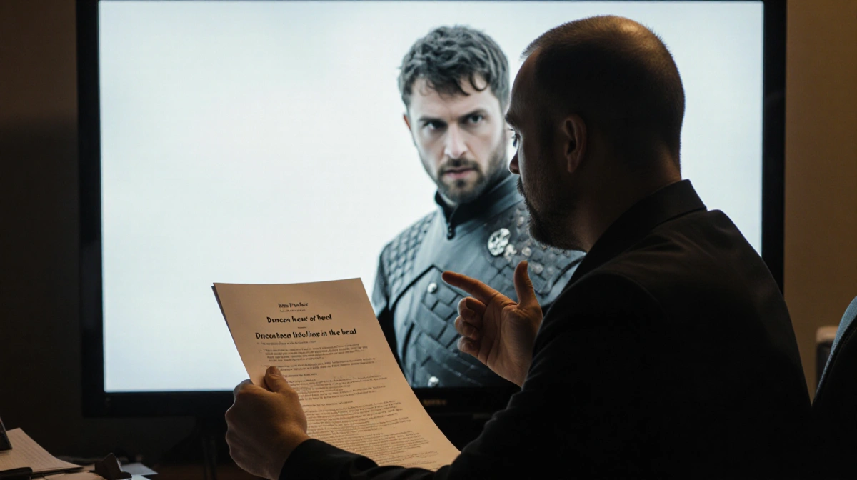 Ira Parker gesturing toward TV screen with Game of Thrones theme showing Duncan character behind him and script in hand