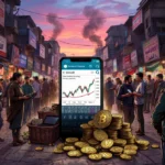 Iranian street vendor running crypto stall with smartphones showing exchange charts and coins spilling from basket