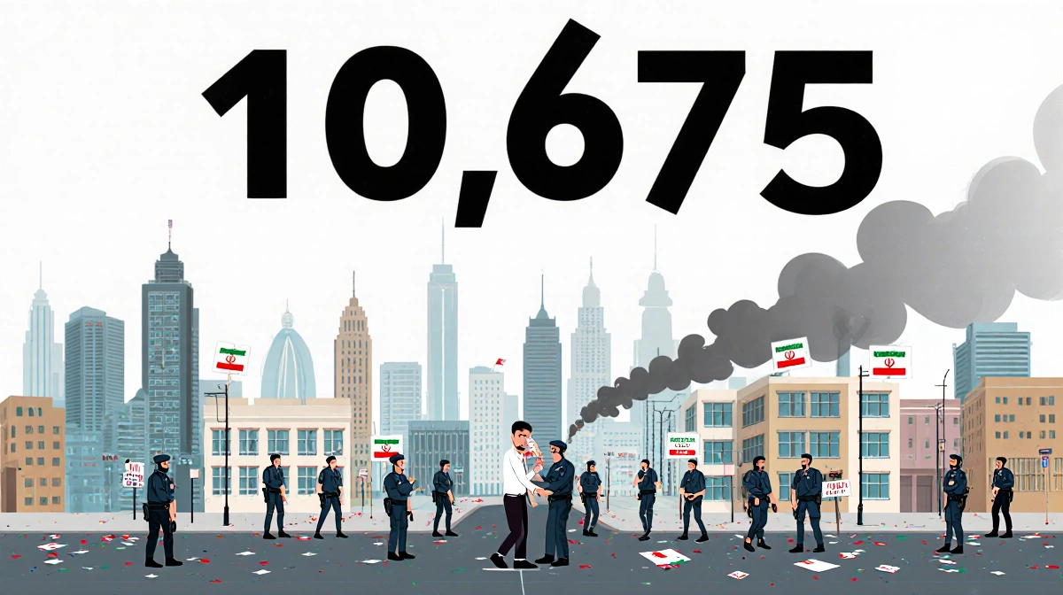 Person being detained by police with 10675 displayed overhead and cityscape with 185 buildings showing behind