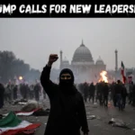 Lone protester raises fist with Trump new leadership headline and presidential palace silhouette behind