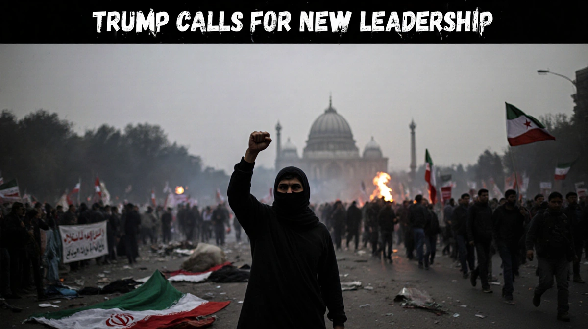 Lone protester raises fist with Trump new leadership headline and presidential palace silhouette behind