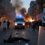 Protester holding Freedom Now sign with burning buildings and police vehicle fleeing behind.
