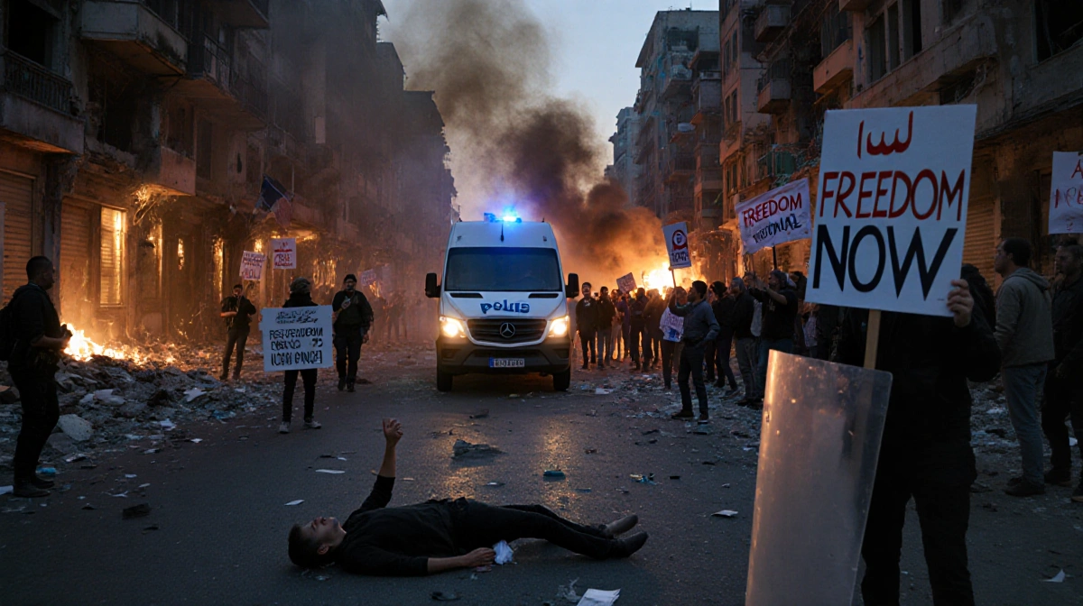 Protester holding Freedom Now sign with burning buildings and police vehicle fleeing behind.