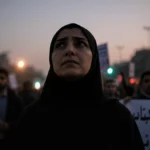 Iranian woman stands defiantly with protesters and banners as police lights flash behind her