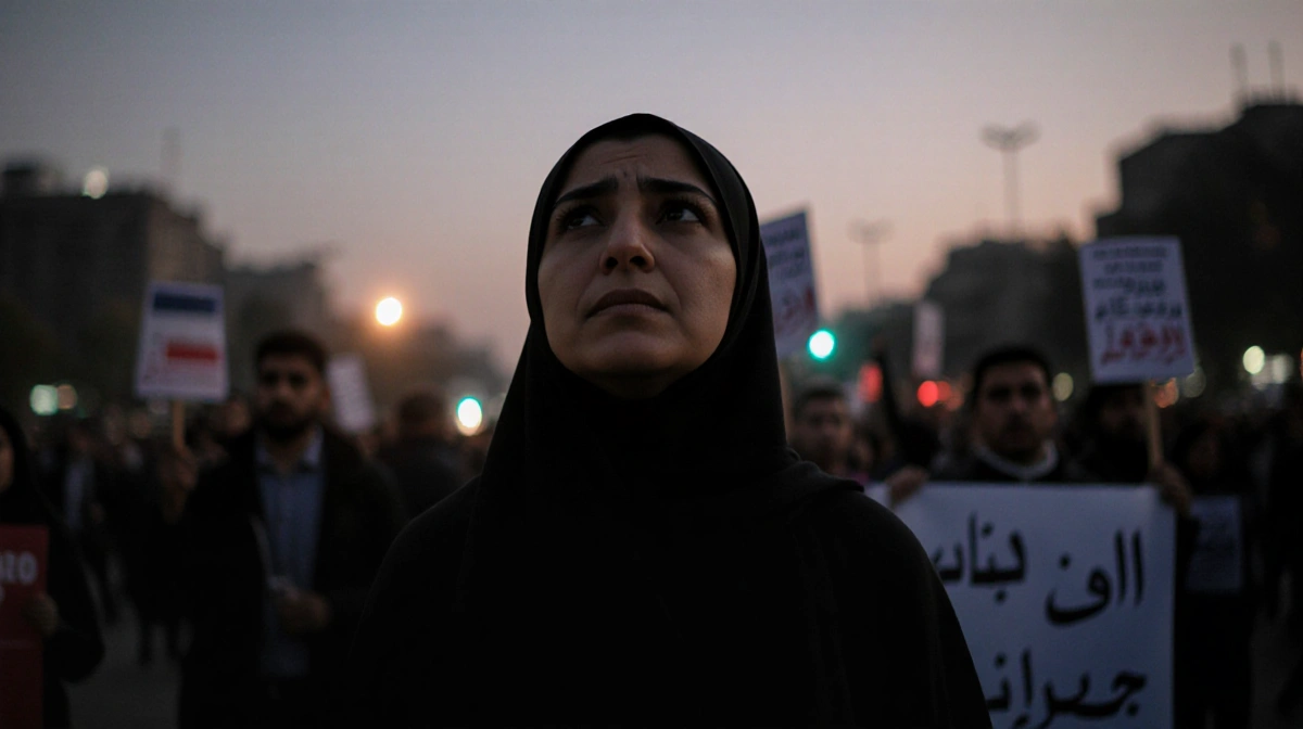 Iranian woman stands defiantly with protesters and banners as police lights flash behind her