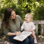 Woman writes in Irish language notebook while holding baby niece on garden bench with wildflowers and dappled sunlight showin