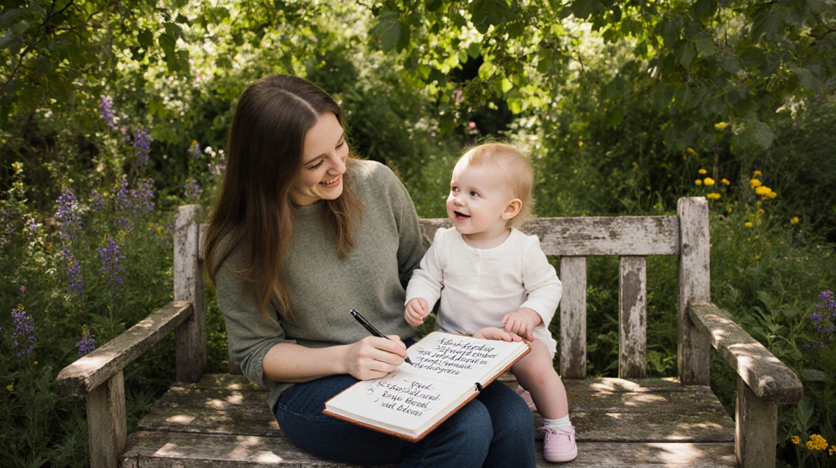 Woman writes in Irish language notebook while holding baby niece on garden bench with wildflowers and dappled sunlight showin
