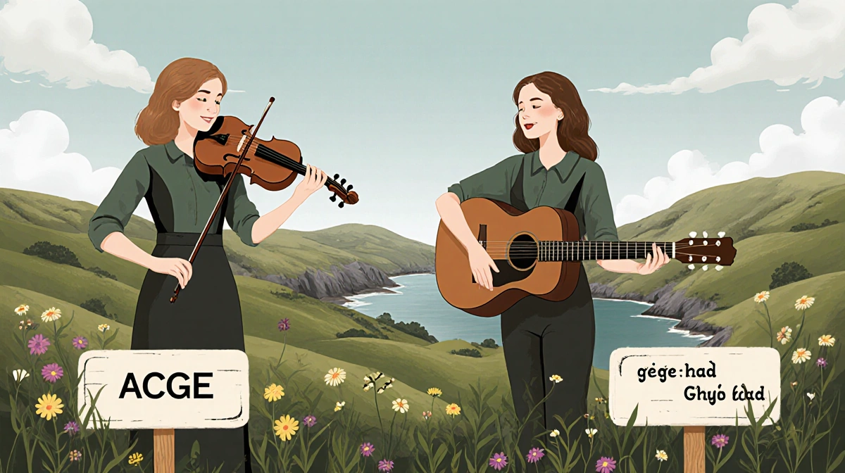 Máire and her sister performing Irish music with guitars and fiddle near rolling hills with Irish language lyrics on stage