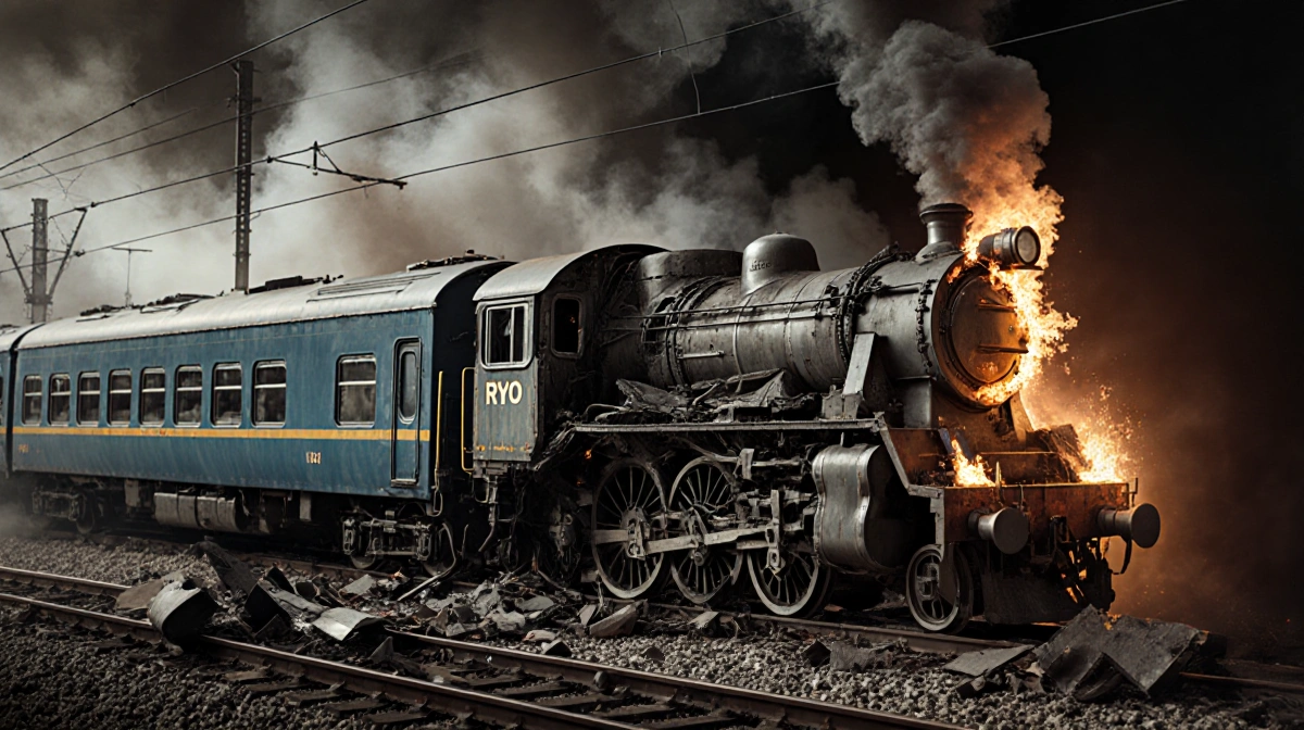 Crumpled Iryo train carriage lies twisted with smoke and flames billowing from the locomotive and debris scattered across the