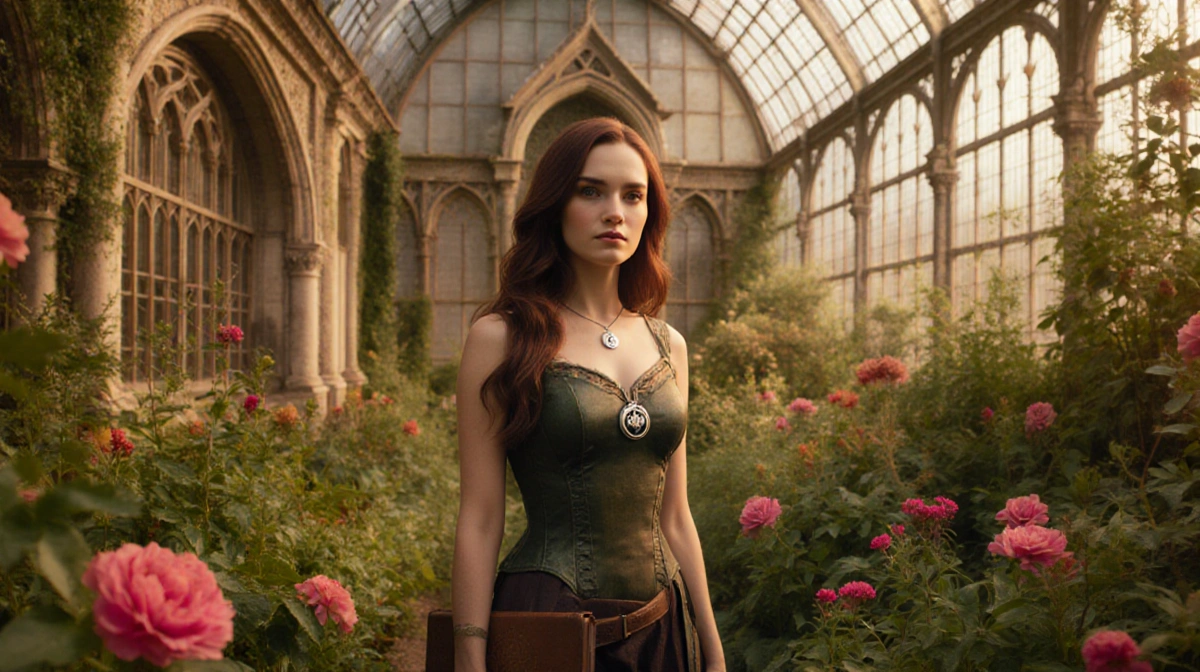 Isabelle Lightwood stands in garden with flowers and greenery showing her Shadowhunter locket