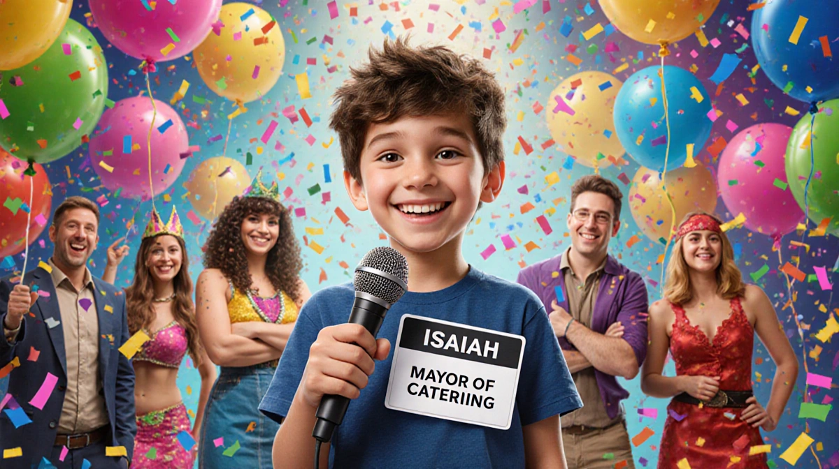 Isaiah holds microphone with Mayor of Catering name tag and festival crew dancing with balloons