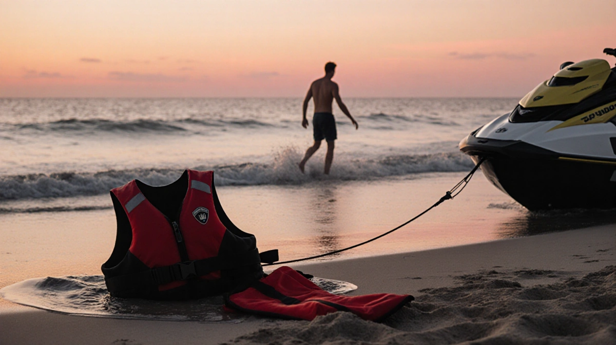 A lone beachgoer walks toward the water at sunset with a red life jacket floating nearby and a Sea-Doo tethered to shore