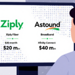 Person sitting at computer with Ziply Fiber and Astound Broadband and Xfinity Connect logos and grid pattern showing speed