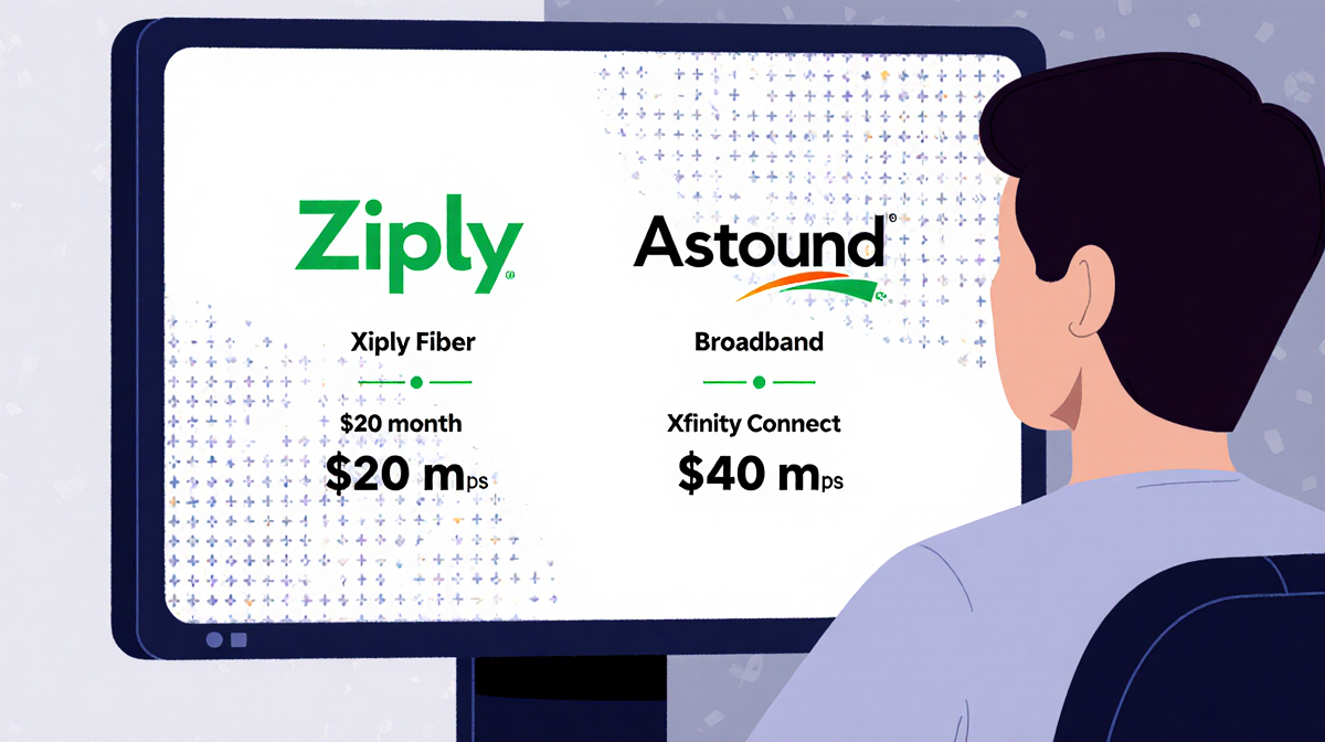Person sitting at computer with Ziply Fiber and Astound Broadband and Xfinity Connect logos and grid pattern showing speed