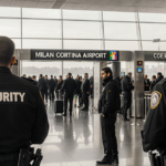 Security guard scanning luggage with black uniform and a lone anxious passenger waiting in Milan Cortina Airport terminal