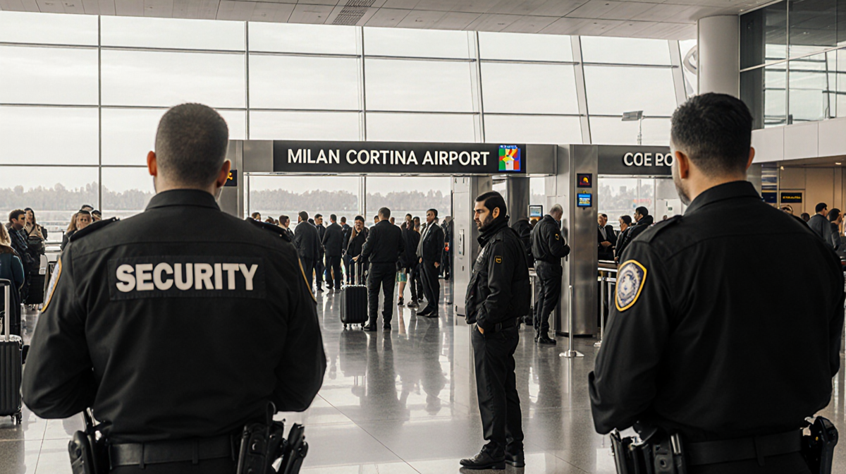 Security guard scanning luggage with black uniform and a lone anxious passenger waiting in Milan Cortina Airport terminal