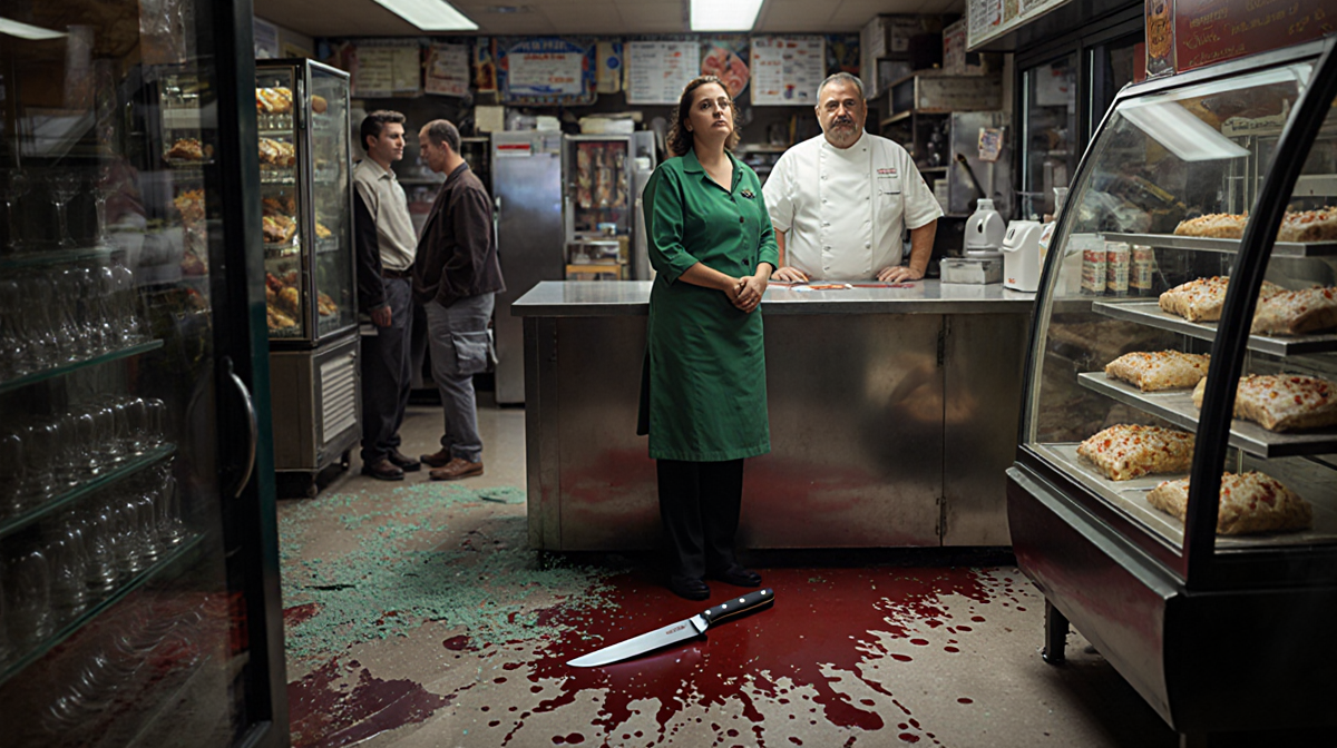 The owners standing behind the Italian deli counter with concerned faces and a bloodied chef's knife on the floor.
