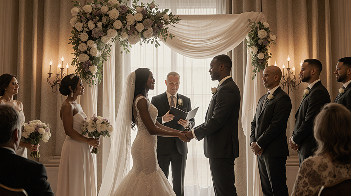 Couple exchanging vows with golden light and floral decorations in Chicago