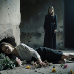 Izabela’s lifeless torso lies half‑buried in weathered concrete with scattered flowers and a tattered bouquet nearby