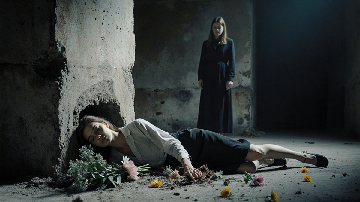 Izabela’s lifeless torso lies half‑buried in weathered concrete with scattered flowers and a tattered bouquet nearby