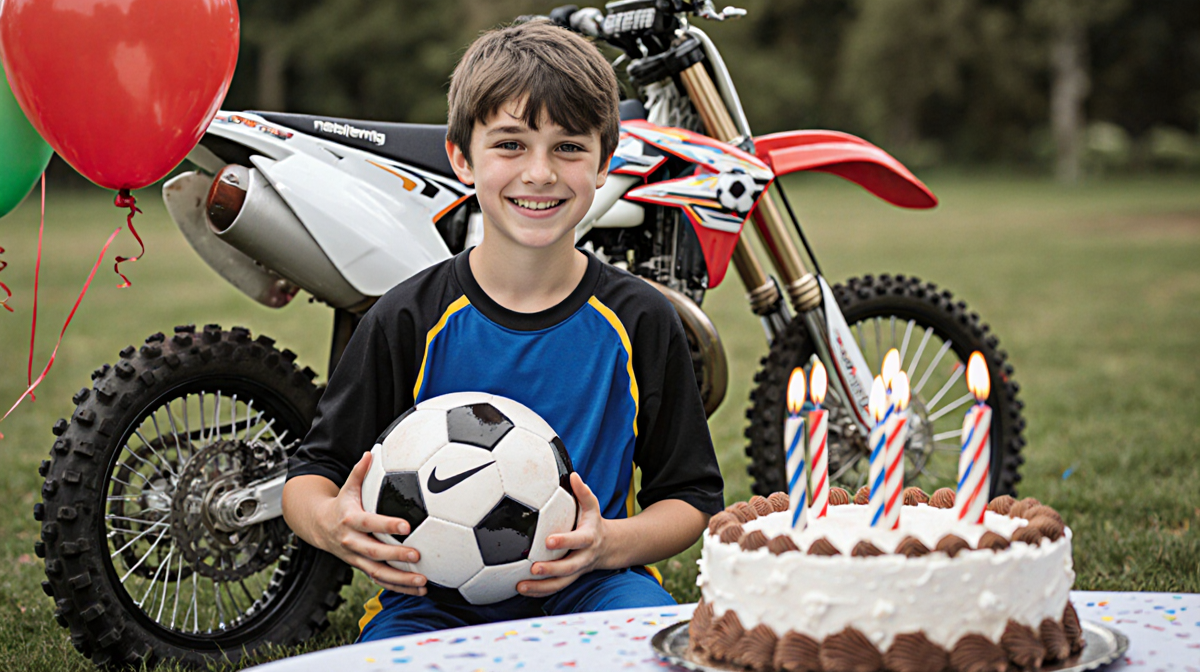 Jace Evans holds a soccer ball with a birthday cake beside him and a dirt bike in the background.