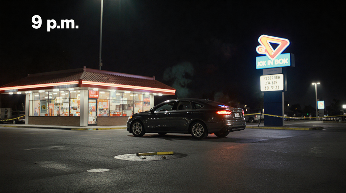 Car illuminated at center with distorted camera view and pedestrian silhouette near 9 p.m. clock