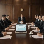 Executives study stock performance graph on laptop with papers spread across boardroom table and warm lighting