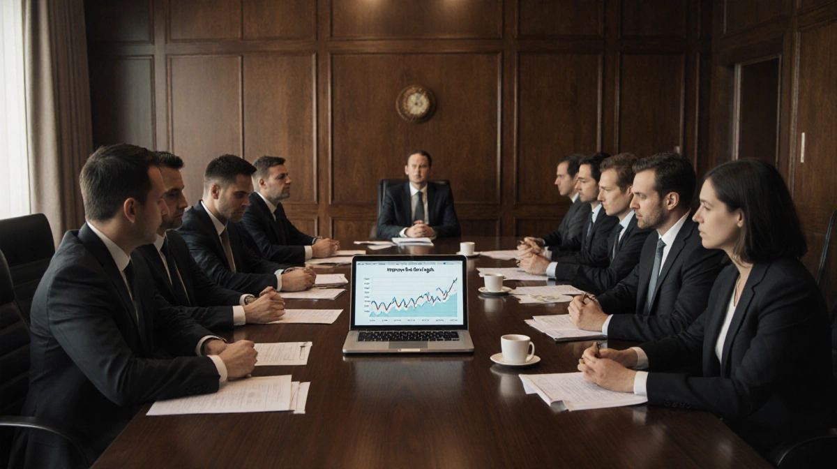 Executives study stock performance graph on laptop with papers spread across boardroom table and warm lighting