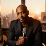 Jack Irvin holding microphone with Grammy awards and guitars in recording studio with sunset city view