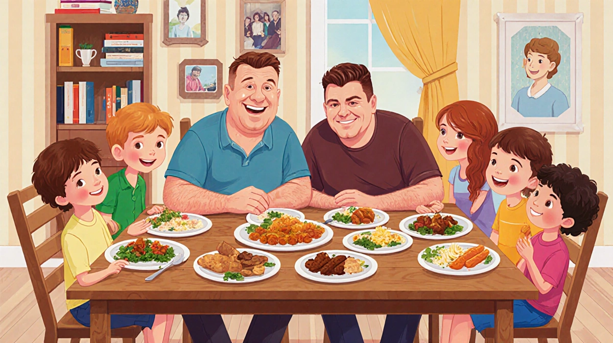 Jack Osbourne's blended family sharing dinner around wooden table with seven children and parents smiling together