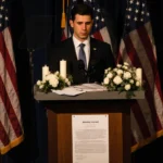 Jack Schlossberg standing solemnly at podium with American flags and flowers honoring Tatiana Schlossberg