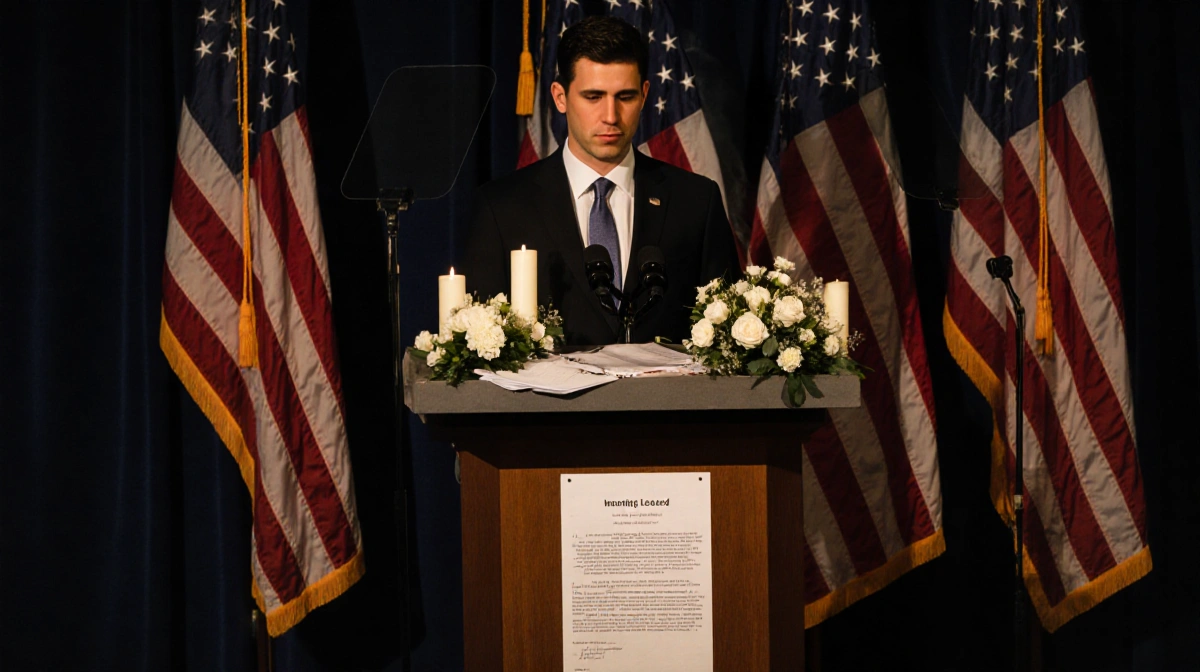 Jack Schlossberg standing solemnly at podium with American flags and flowers honoring Tatiana Schlossberg