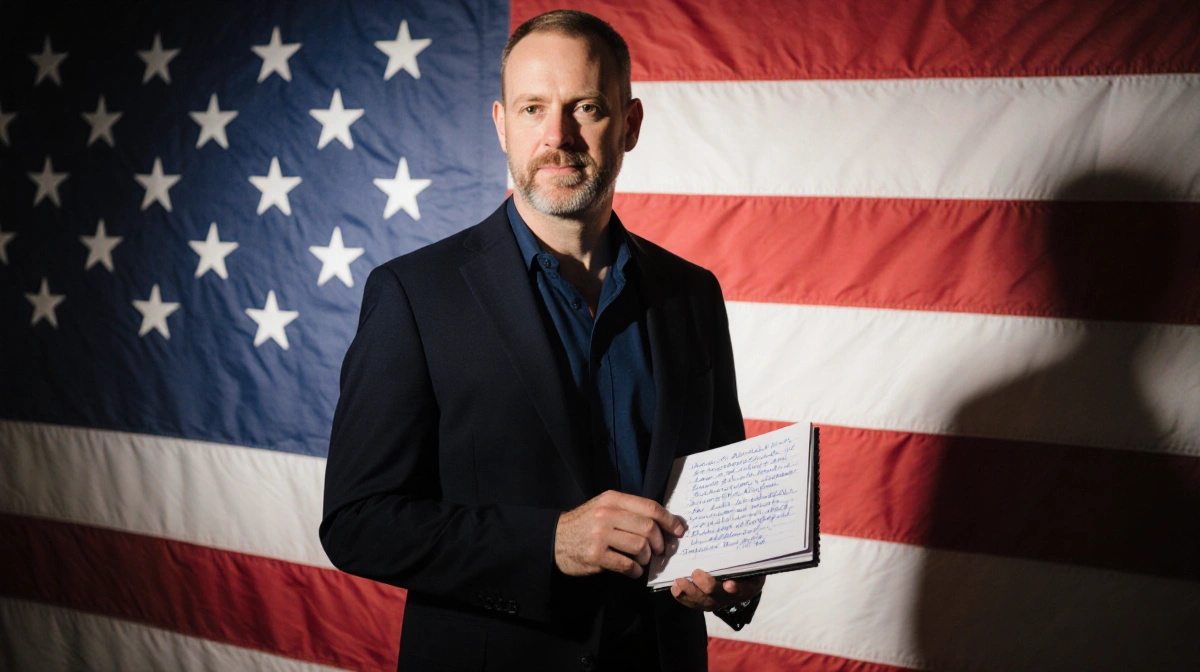 Jack Smith standing confidently with small notebook showing deposition notes against a patriotic flag backdrop determined