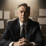Jack Smith sits at a wooden hearing table with his hands clasped face shows intense determination glow and documents behind.